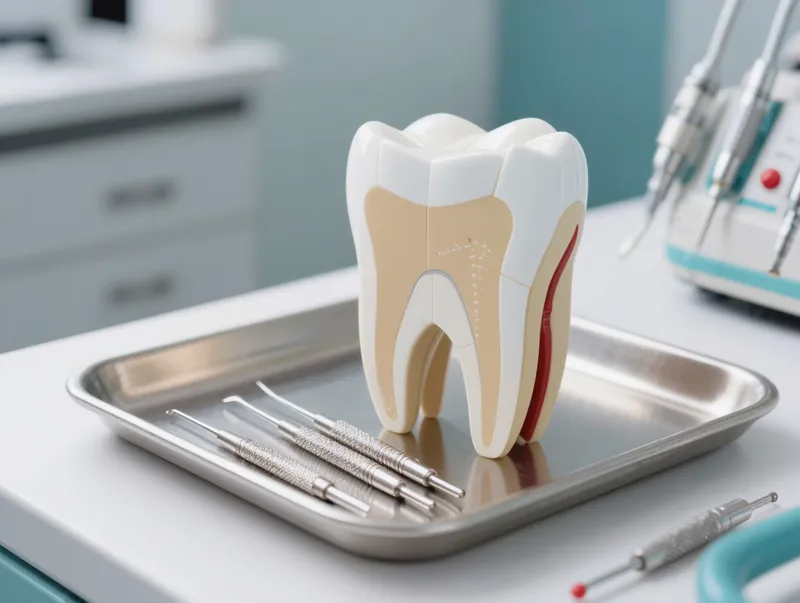 Modelo anatômico de dente em corte com instrumentos de canal