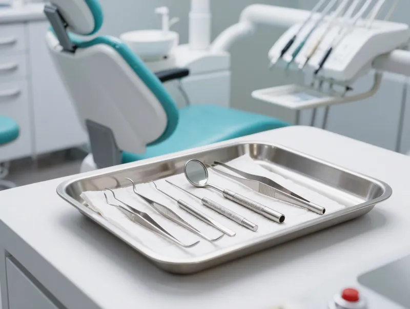Instrumentos cirúrgicos esterilizados organizados em bandeja