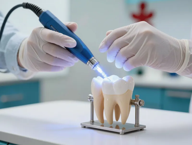 Fotopolimerizador com luz azul durante restauração em resina